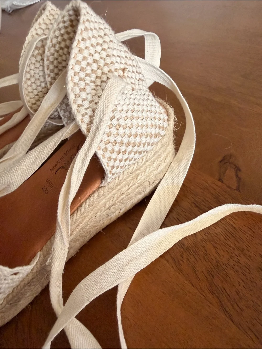 Crochet Espadrille Ankle-Tie Wedges in Cream
